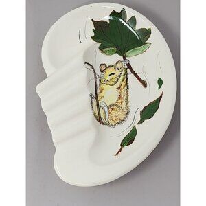 Vintage Hand Painted Ashtray‎ White With Mouse Holding Leaf Signed For Celeine